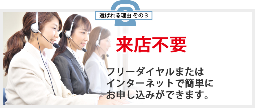 選ばれる理由その3 来店不要 フリーダイヤルまたはインターネットで簡単にお申し込みができます。
